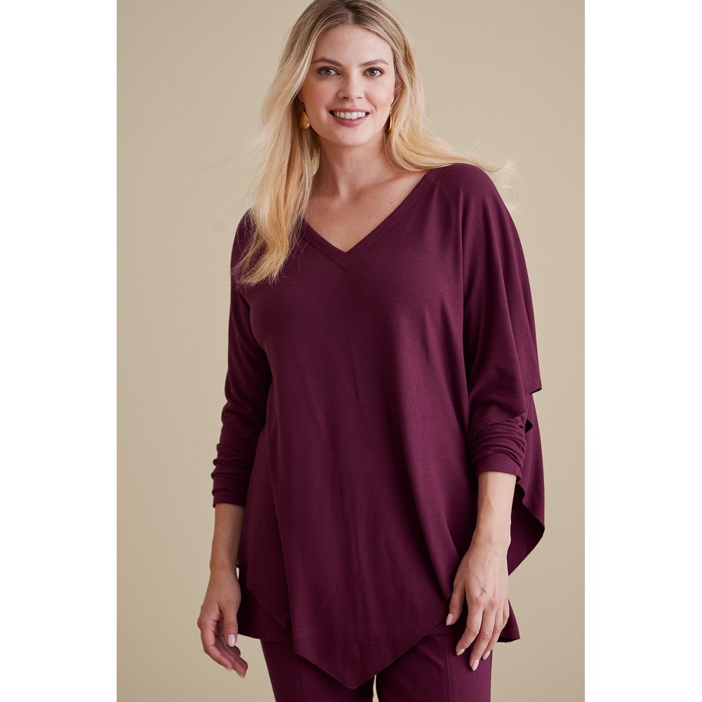 Soft Surroundings V-Neck Tunic Top Flowy Asymmetric Hem Long Sleeve Large Maroon